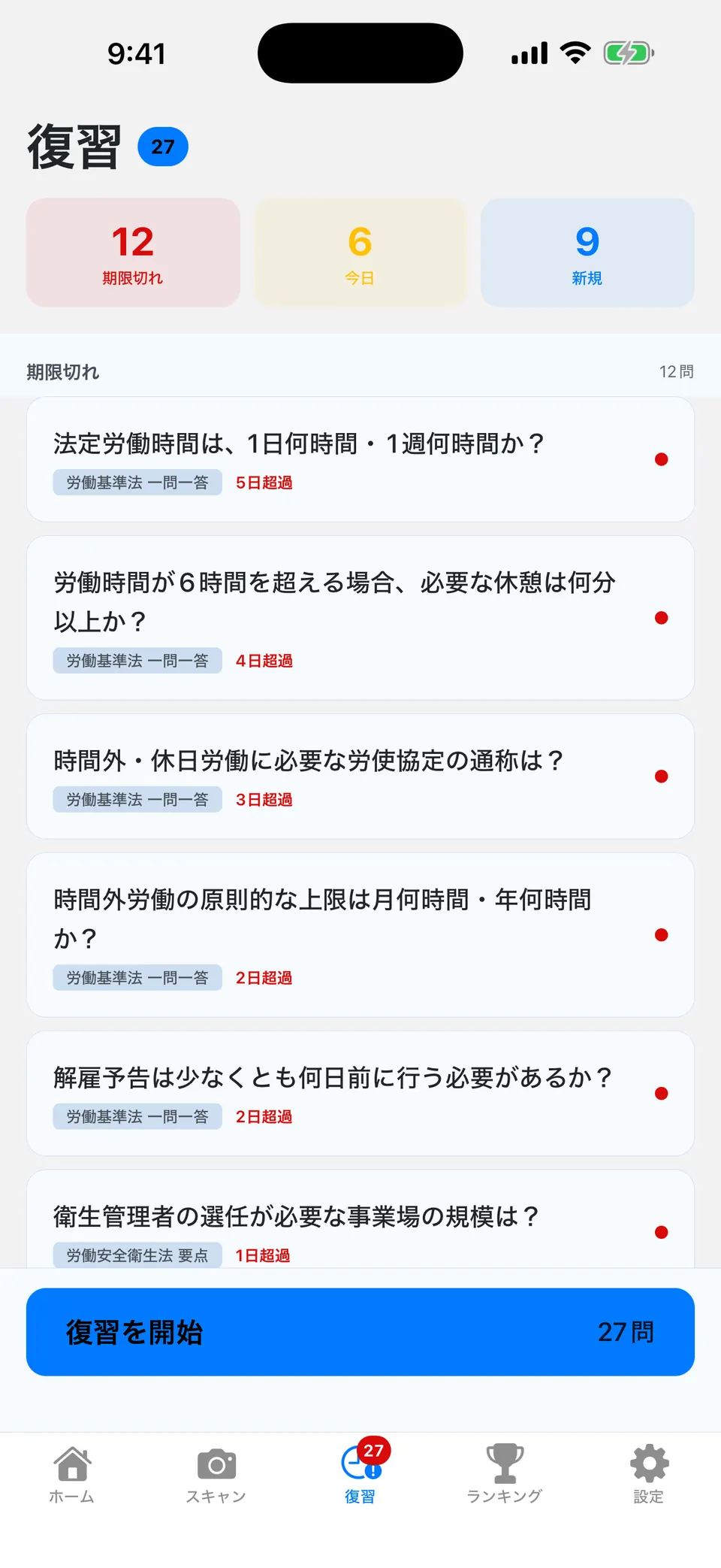 本日の復習キュー(間隔反復)の画面